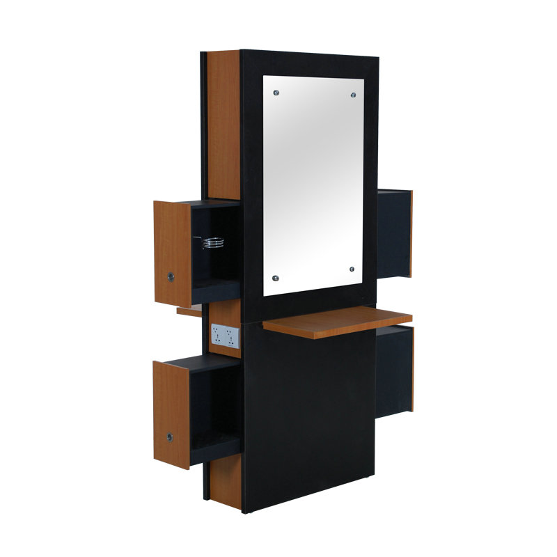 Wood Barber Mirror Salon Styling Station with Storage Cabinet