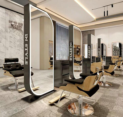 Custom Barber Smart TV Glass Beauty Lighted Mirror Hairdressing Vanity Table Styling Station double sided mirror Salon Makeup Standing Walled Mirror